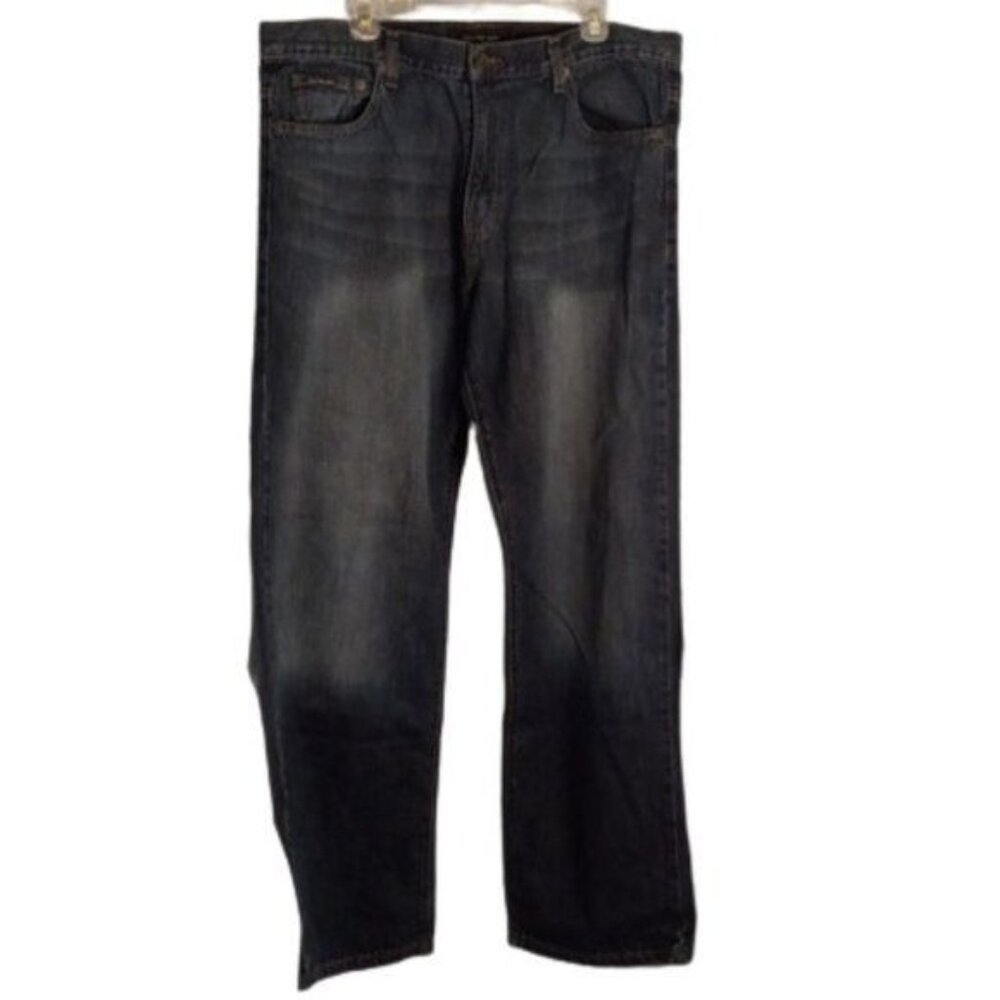 Calvin Klein Size 38 x 32 Mens Jeans Relaxed Straight Fit Dark Wash 100% Cotton